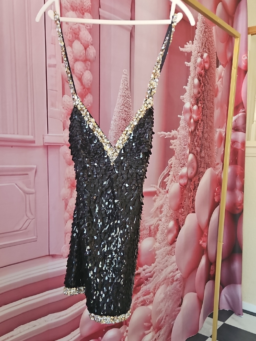 Retrofete Black Sequin Mini Dress with Gold Trim